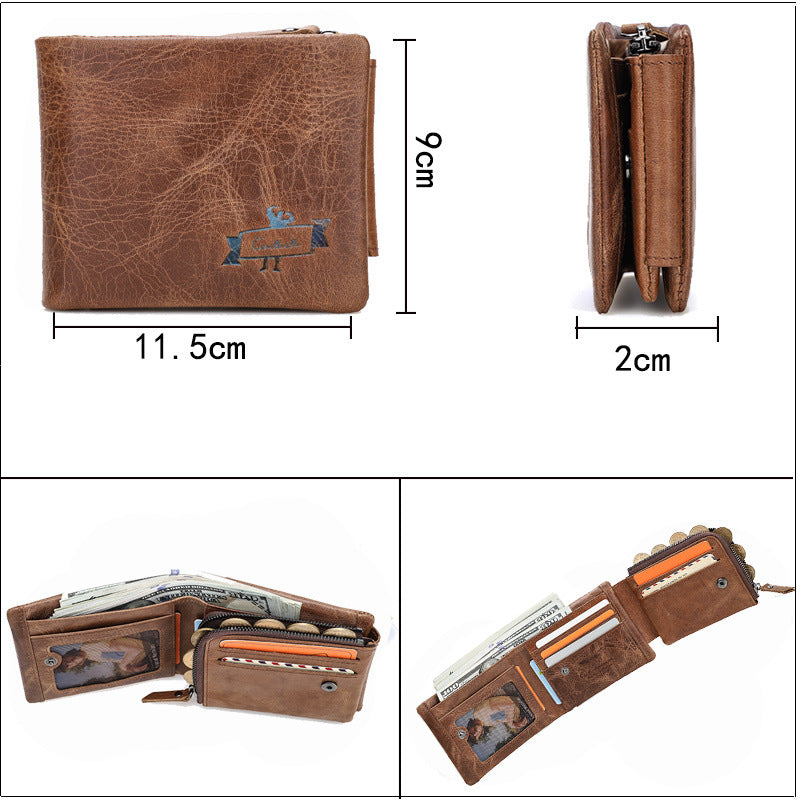 Vintage Crazy Horse Leather Tri-Fold Men's Wallet
