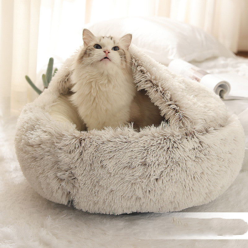2-in-1  Round Plush Warm Bed House for Dogs and Cats with Soft Long Plush Material