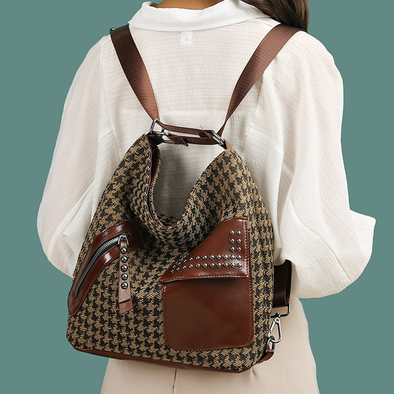 Houndstooth Chic: Rivet-Embellished Leopard Backpack