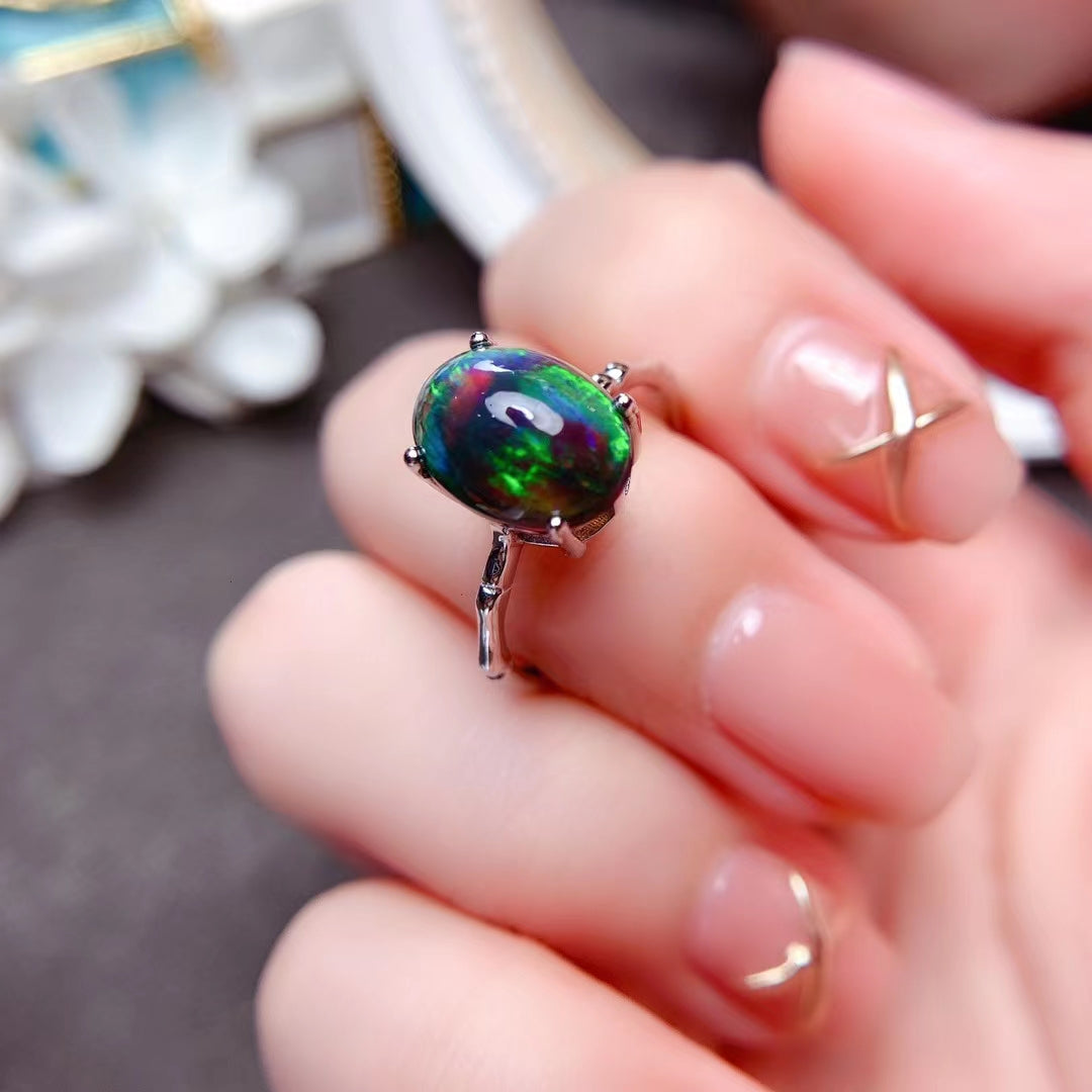 925 Silver Delicate Mosaic Natural Black Opal Ring