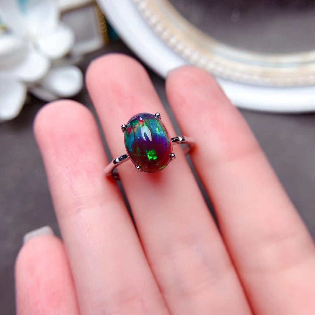 925 Silver Delicate Mosaic Natural Black Opal Ring