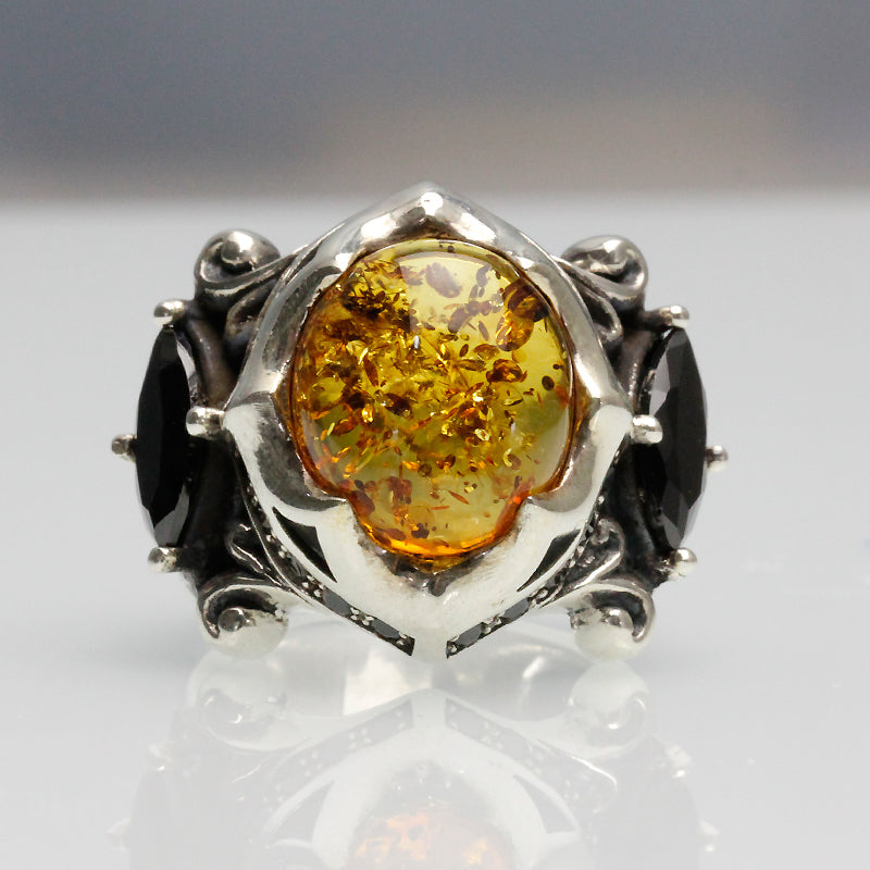 925 Thai Silver Ring Retro Gem Black Stone and  Amber