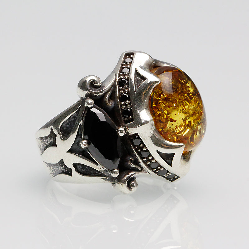 925 Thai Silver Ring Retro Gem Black Stone and  Amber