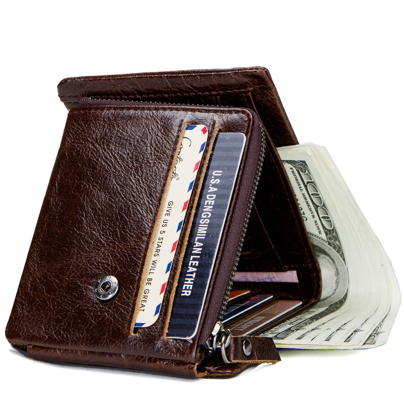 Vintage Crazy Horse Leather Tri-Fold Men's Wallet